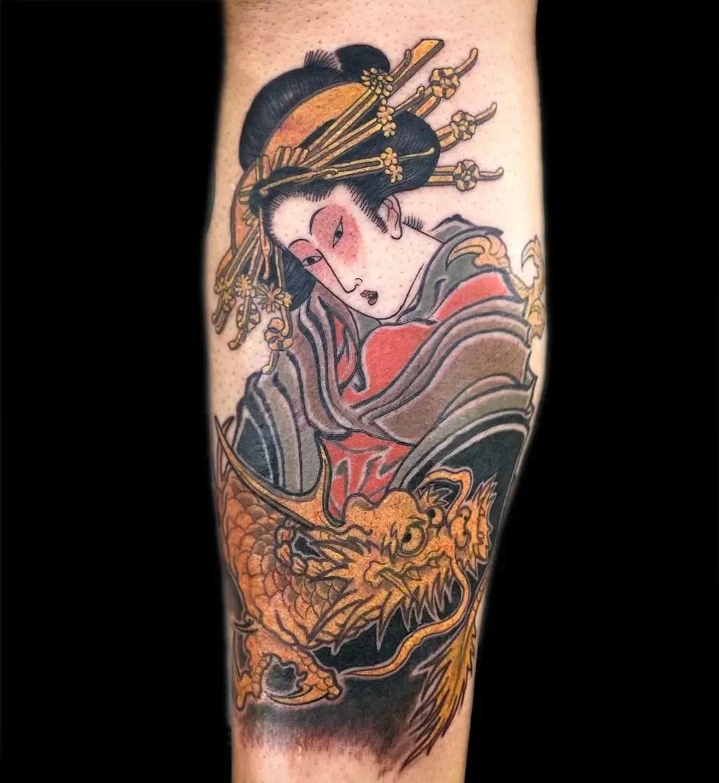 Geisha and Golden Dragon, tattoo by Mariano “El Tata”